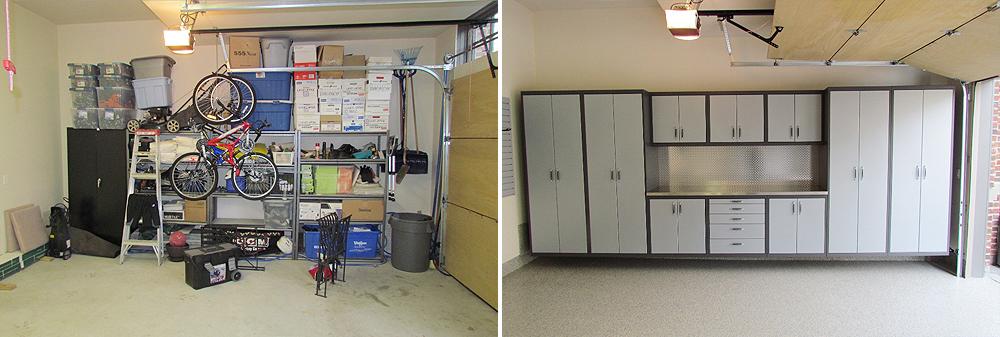 Custom garage with sleek cabinetry and floor coating