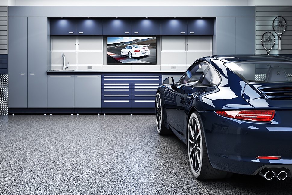 garage for dad, blue car in garage