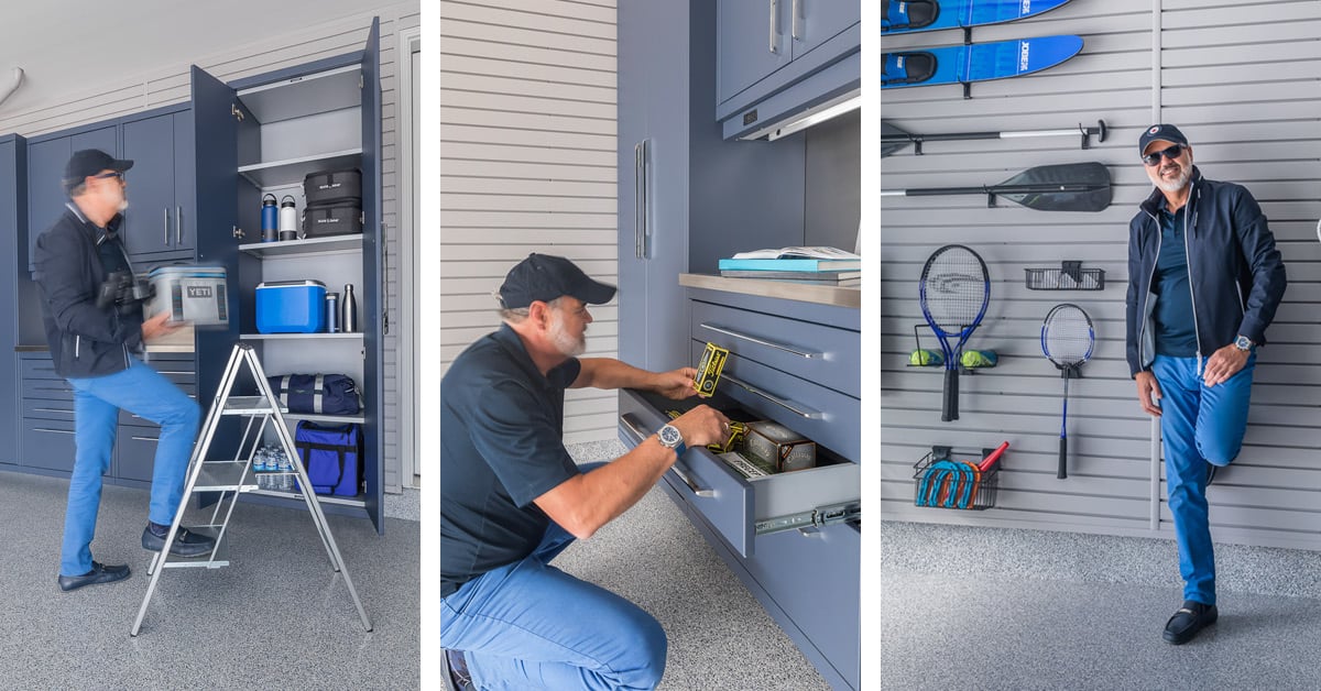 man in garage using ladder, opening drawer, and leaning on wall