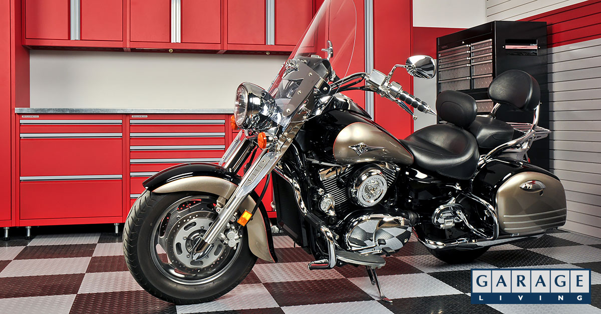 tile garage floor with parked motorcycle