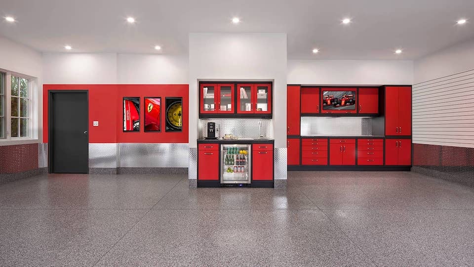 performance garage with ferrari wall art
