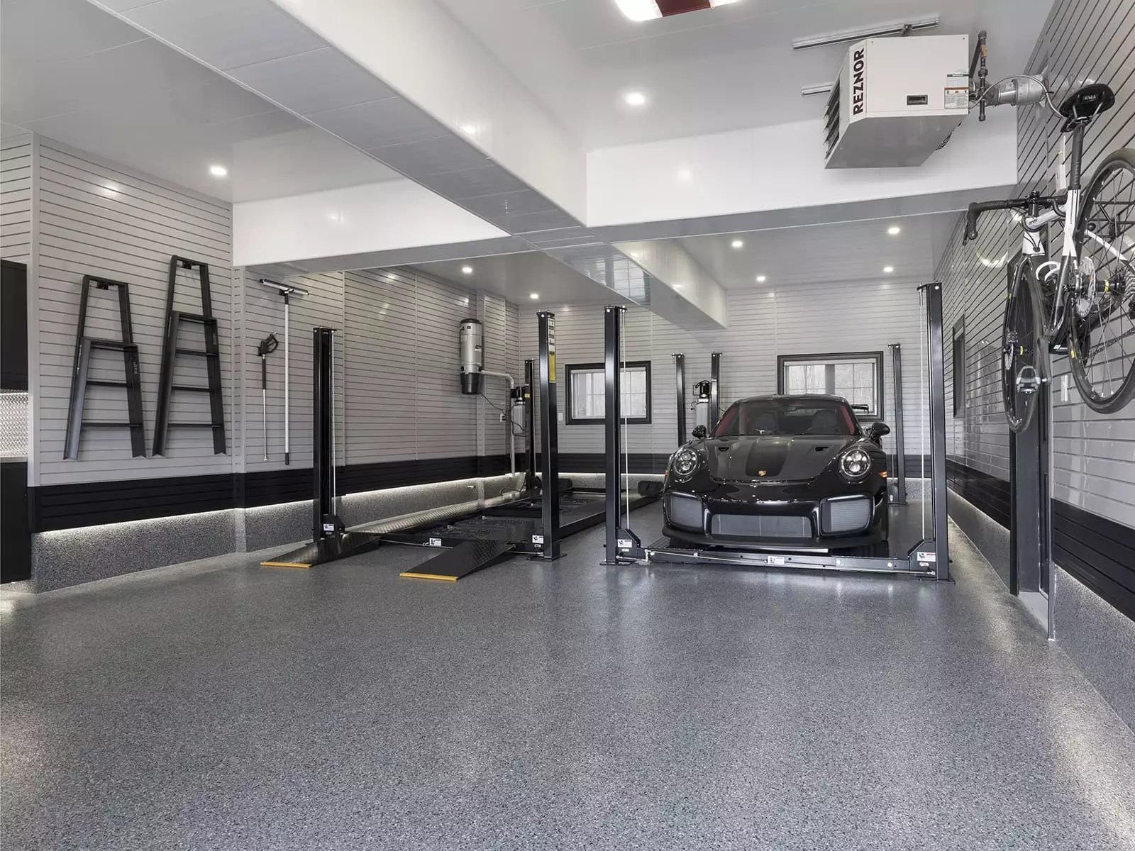 after garage makeover - double car lift - garage living