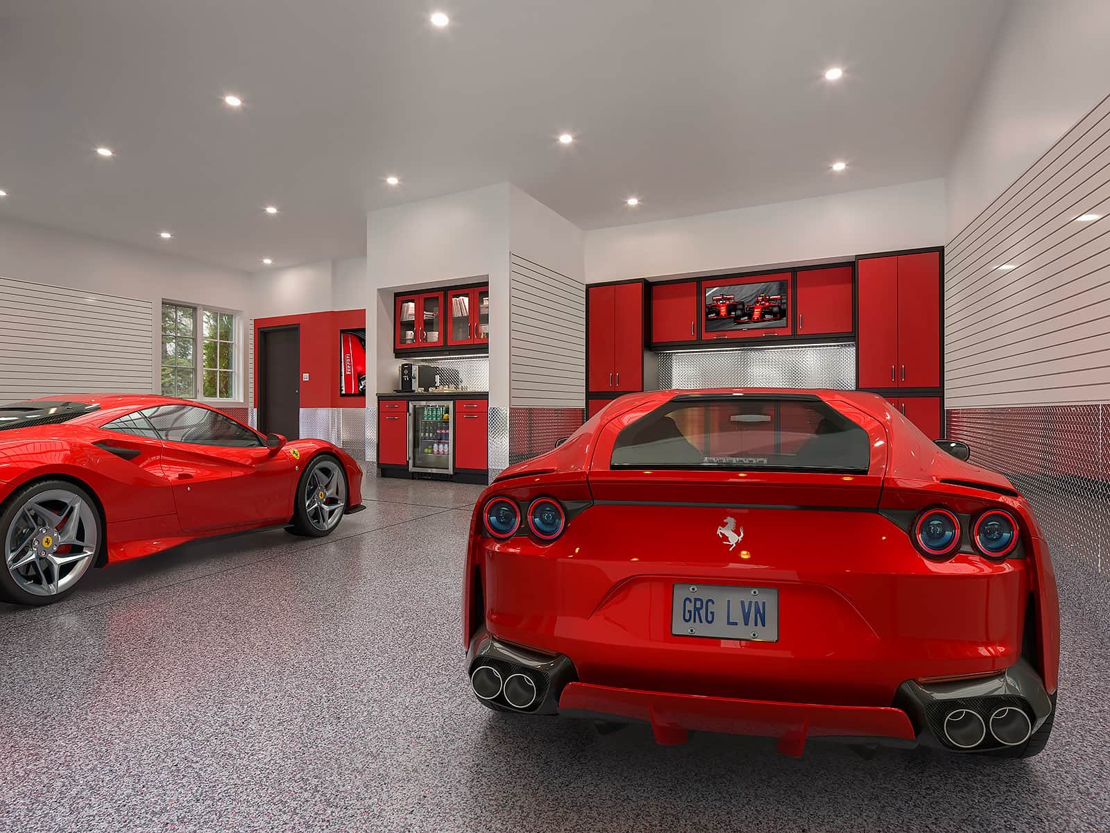 Red garage and two parked cars - Designer Series Performance - Garage Living 