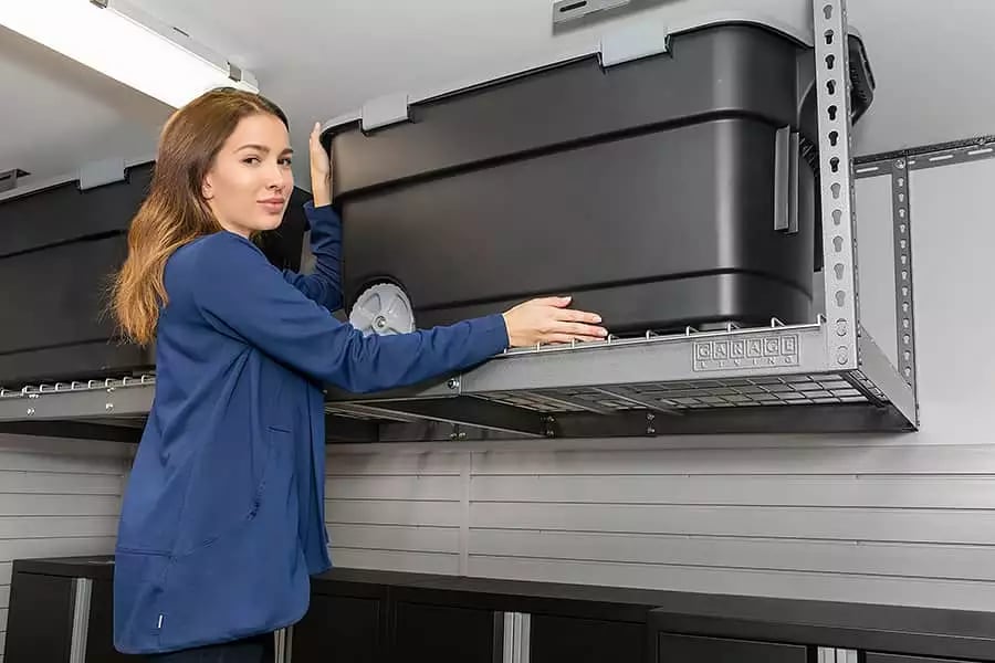 Garage Living overhead racks with grey bins