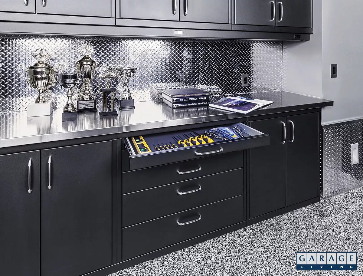 Garage Living Custom Steel Cabinetry with black matte finish