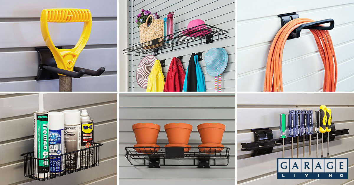 shovel, power cord, flower pots, screwdrivers garage slatwall accessories