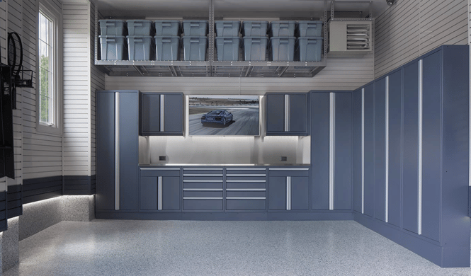 garage makeover cabinets and overhead bins